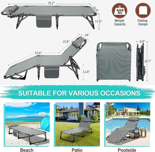 Slsy 4-Fold Adults Cots Adjustable Folding Camping Cots Camp Lounge Chaise Mat - Picture 12 of 27