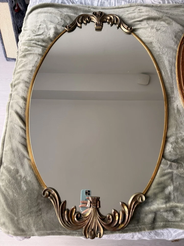 Pair of Large Vintage Ornate Gold Oval Wall Mirrors 44.5x25.5” Rococo Regency - Image 2 of 4