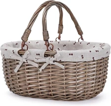 G GOOD GAIN Oval Picnic Basket with Folding Handles, Willow Hand Woven Beige 