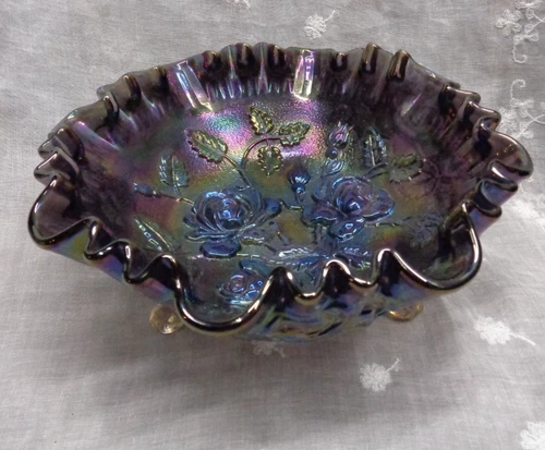 Vtg IMPERIAL GLASS Purple Carnival Glass ROSE Ruffled 3-Legs BOWL Dish ~ 8" D