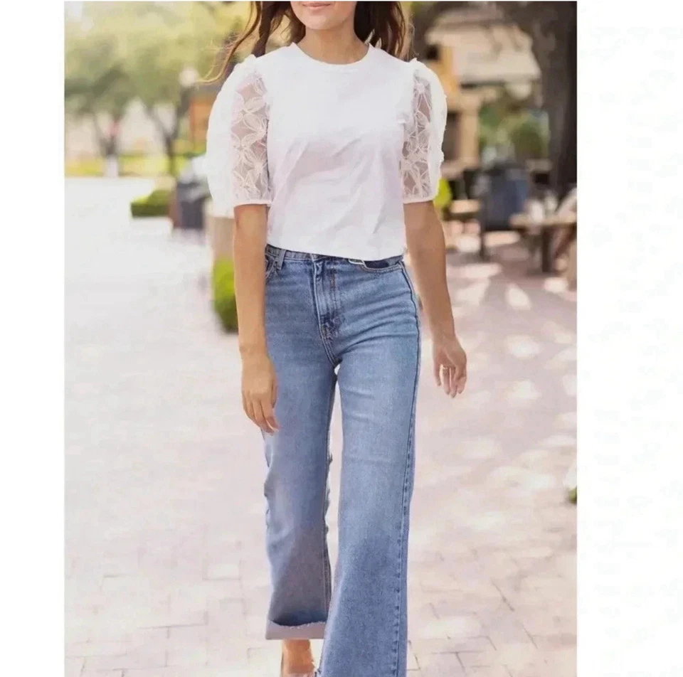 Blusa SOUTHERN GRACE Flores Blancas Manga Abullonada Corta Cottage Coastal Chic Talla S Foto 3 de 4