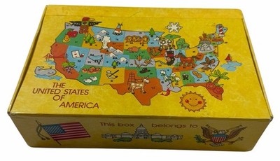 Vintage General Box Company UNITED STATES Map School Pencil Case Hinge Cardboard