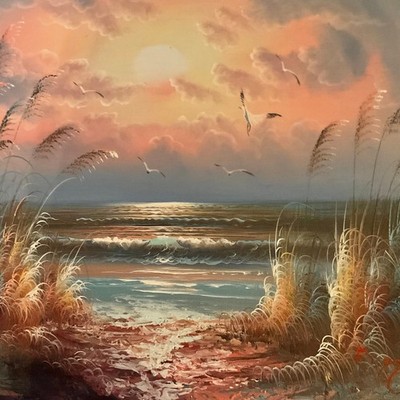 Vintage Sunset Coastline Oil Painting, Framed Seascape Art (24x20)