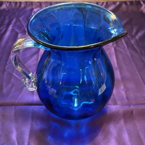 2013 Blenko Cobalt Blue Glass Ribbed Pitcher Signed By Walter Blenko