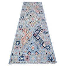 3'2"x10'2" Arctic Blue Hand Knotted Village Inspired Shiny Wool Rug R88365