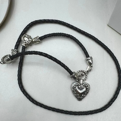 Brighton Heart Necklace Leather Toggle Vintage Silver Tone Long 38"