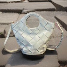 Sassy Jones Addie Weaved Teal Bucket Adjustable Crossbody Gold Hardware