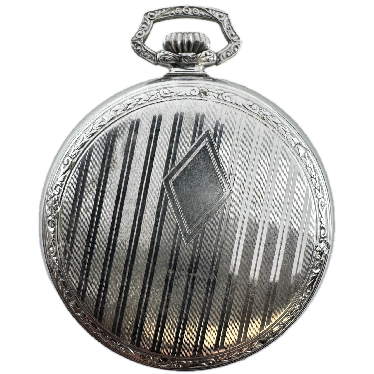 Antique Chrome Plated Star Emperor Open Face Pocket Watch with Pinstriped Case