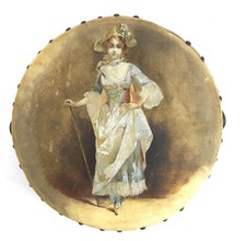 Antique Finely Painted Tambourine Beautiful Woman with Walking Stick