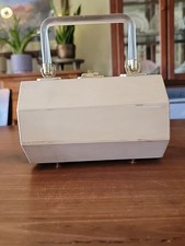 Vintage Octagon Wooden Purse Brass Buckle Feet Clear Plastic Handle