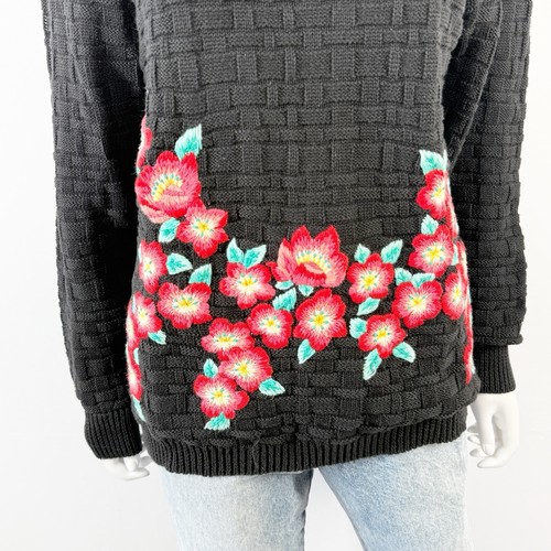 Vintage Evan Picone Black Floral Embroidery Sweater Size M Casual Preppy Classic - Picture 5 of 10
