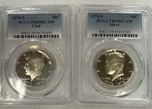 1976 S Kennedy Half PR69 DCAM Silver And Clad Set