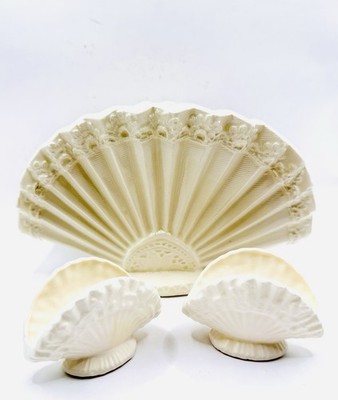 Vintage White Porcelain Fan Vase & Shell Napkin Holders Set Belleek Style 3pc