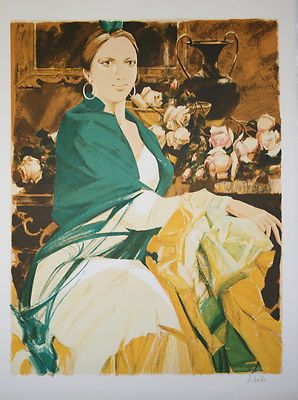 Saito SABURO - Originale Lithographie Signiert - Spanische Frau Mit Rosen