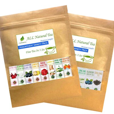 LeCharm 16-Flavor Tea Mix Pack: 100% Natural Herbal, Detox, Black, Green, Fruit