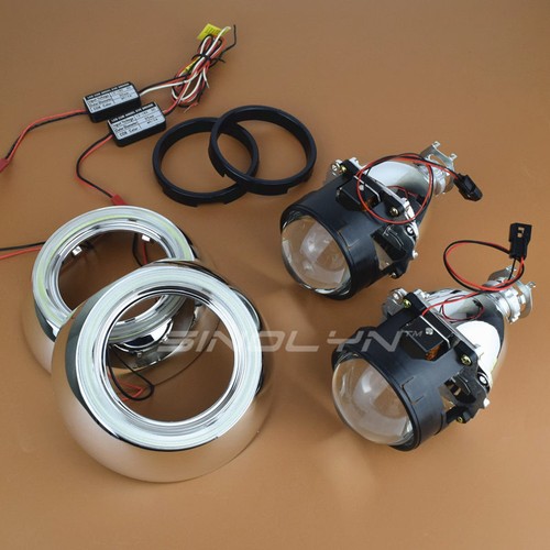 2.5 inch HID Bixenon Projector Lens Retrofit W/ LED Angel Eyes Halo Iris Shrouds - Picture 4 of 11