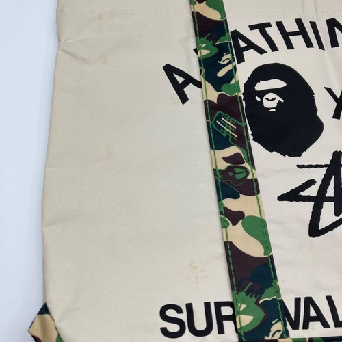 A BATHING APE BAPE × Stussy Nylon Tote Bag Pouch Beige camouflage Band Rare FS - Picture 6 of 10