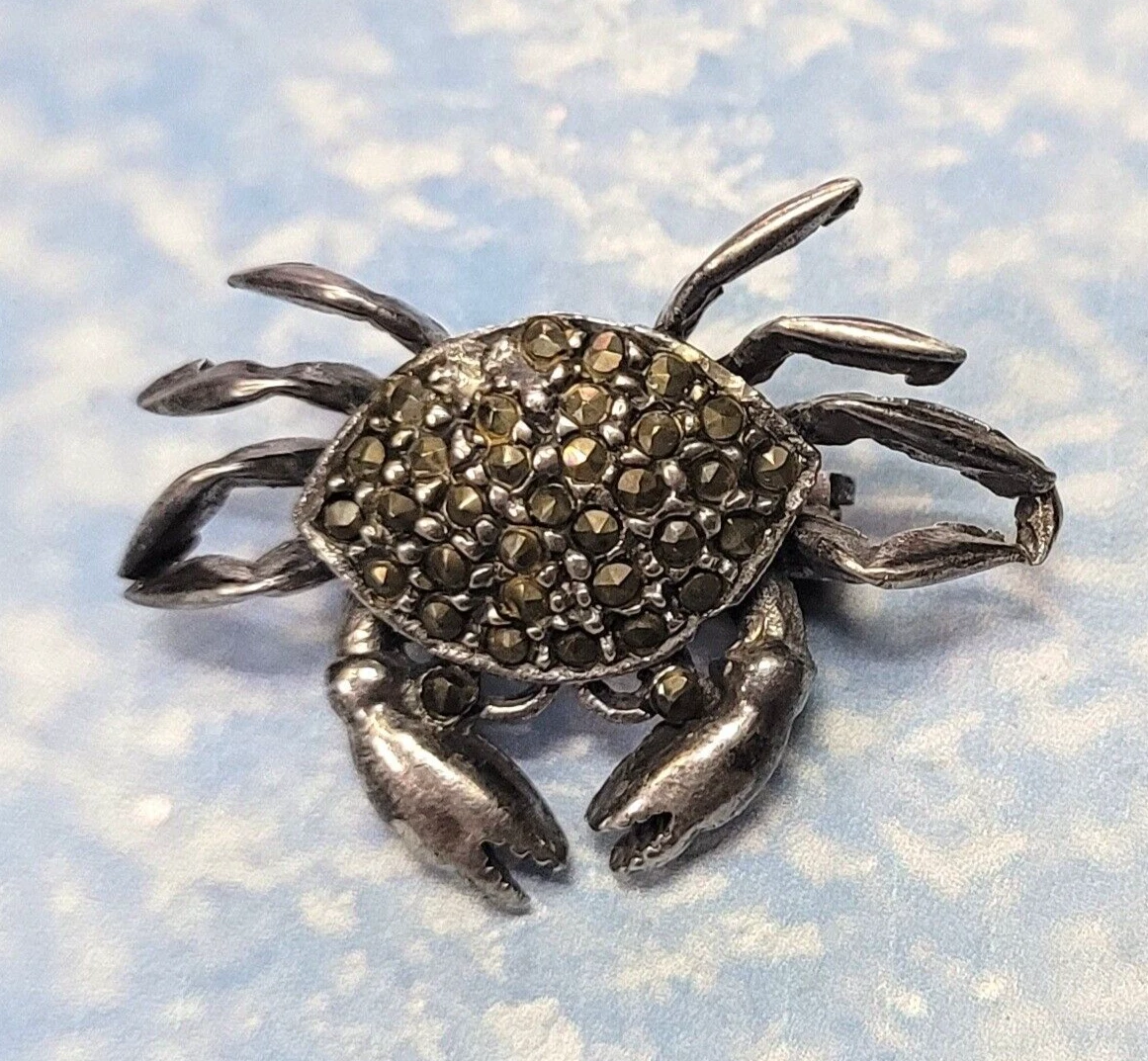 Marcasite 925 Sterling Silver Crab Designer Brooch Pin Vintage