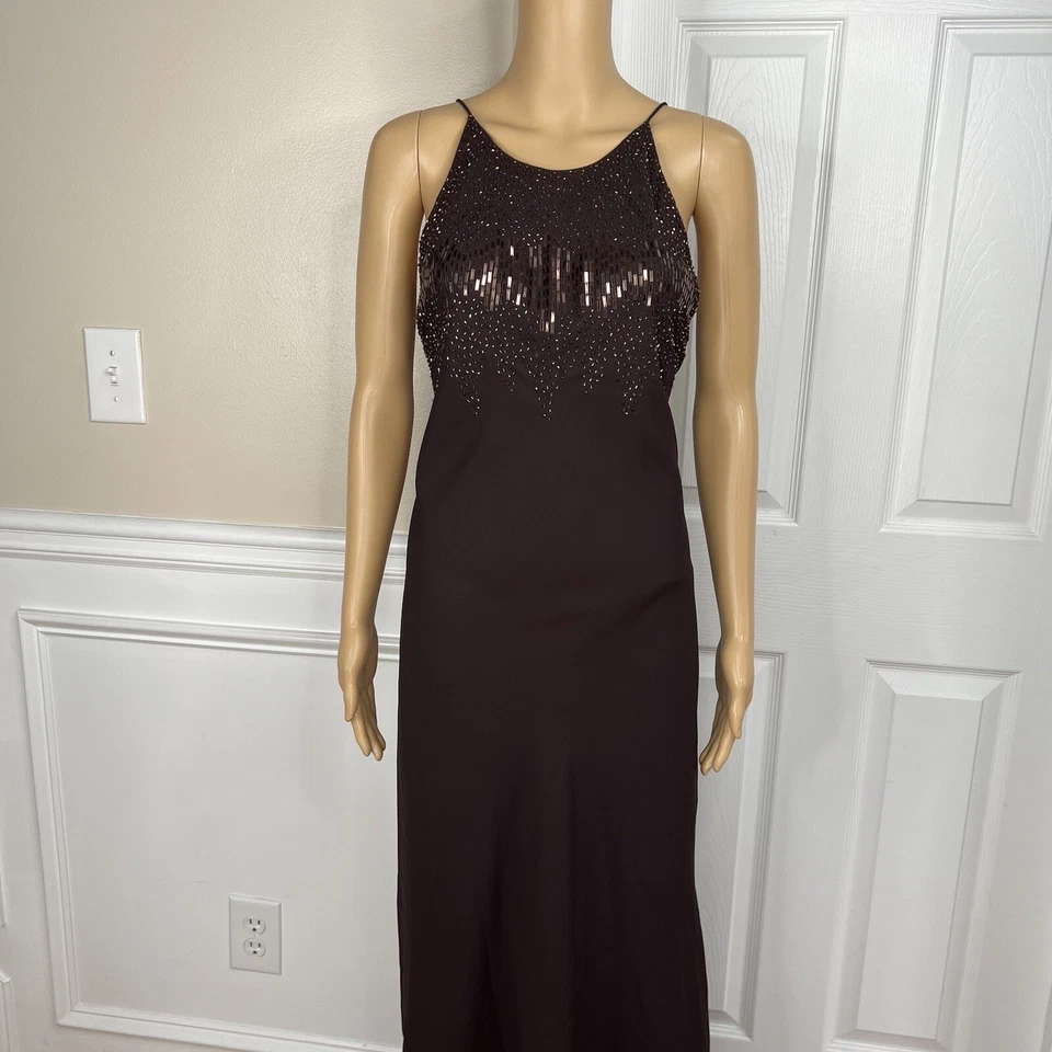 Cachet шелк как шифоновое платье размер 14 коричневый Y2K бисером с ремешками Gothic макси платье - Изображение 3 из 4