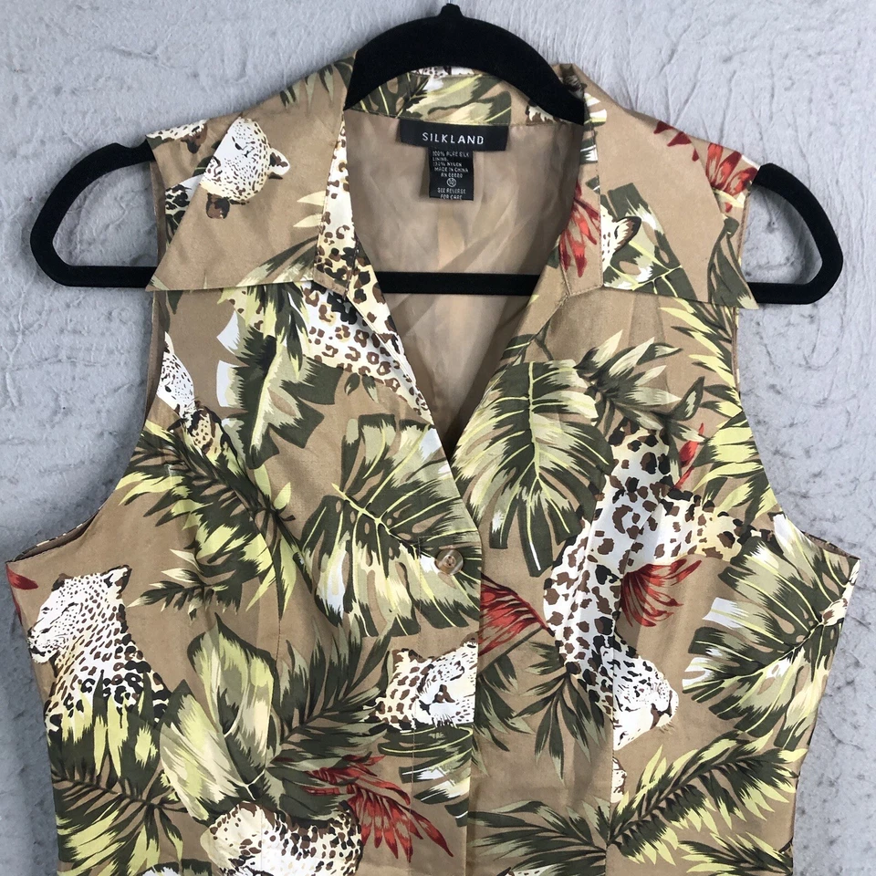 Silkland Top 女式 10 猎豹大猫 100% 真丝热带艺术穿度假村 — 第 3/4 张图片