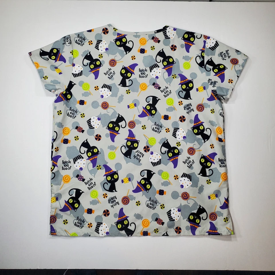 SCRUB TOP SIZE S HALLOWEEN CAT TRICK OR TREAT NURSE VET CNA - Image 2 of 4