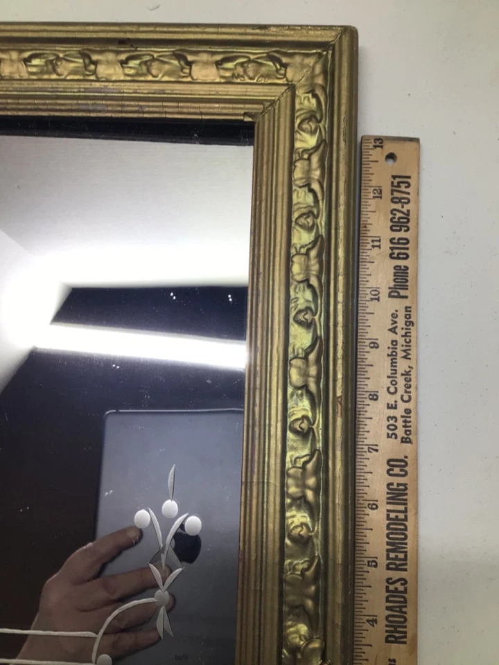 Victorian Square Etched Hanging Wall Mirror Ornate Gold Wood Frame - Image 4 of 4
