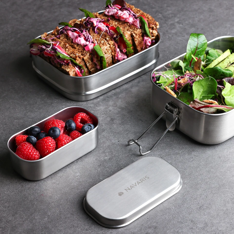 Bento Box Porta Pranzo Lunchbox - 3x Scomparti Portapranzo in Acciaio - Immagine 2 di 4