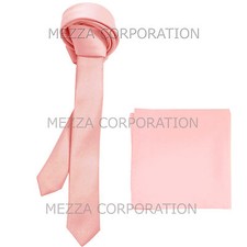 New Vesuvio Napoli Men's 1.5" skinny necktie hankie set solid party prom pink
