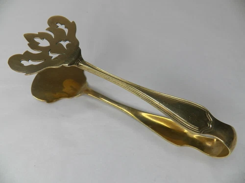 REED & BARTON HEPPLEWHITE STERLING SILVER SANDWICH TONGS GOLD WASH 5 5/8" NO MON