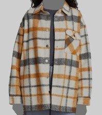 $298 Monrow Women Beige Plaid Snap-front Lined Fleece Shirt Jacket Coat Size M
