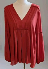 Sophie Max XL Women's Brick Red Flowing Crepe Long Gathered Sleeve Blouse NWOT