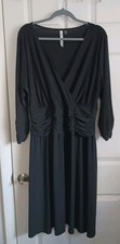 NY Collection Womens 1X Black Midi Dress Ruched Waist V Neck 3/4 Sleeve
