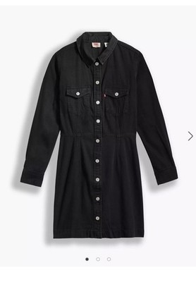 Levi's Women's Black Denim Shirt Dress Button-Front Collared Long Sleeve L