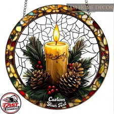 Custom Christmas Holly Candle Stained Glass Suncatcher Light-Catching Window