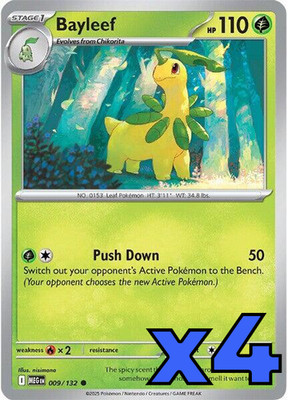 4x Bayleef 009/132 Me01: Mega Evolution PLAYSET x4 - Pokemon TCG - NM