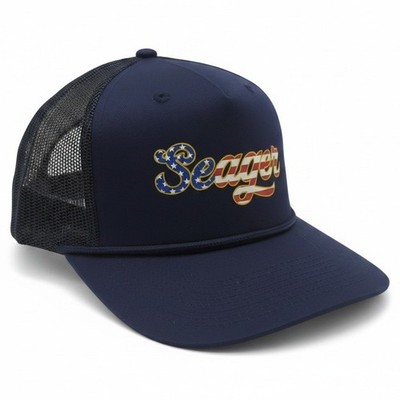 Seager Big USA Trucker Rope Snapback Hat Navy Blue American Flag Logo Mesh Cap