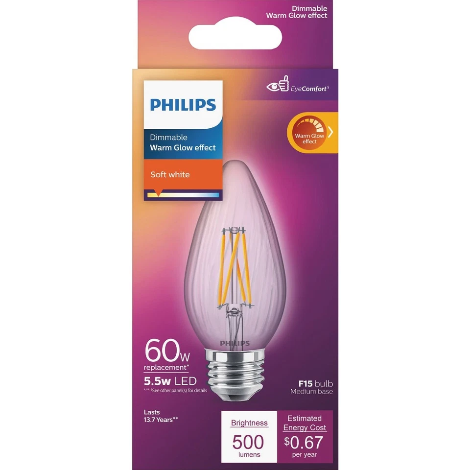 Philips Warm Glow 60W Equivalent Soft White F15 Medium Dimmable Post LED - Image 2 of 4