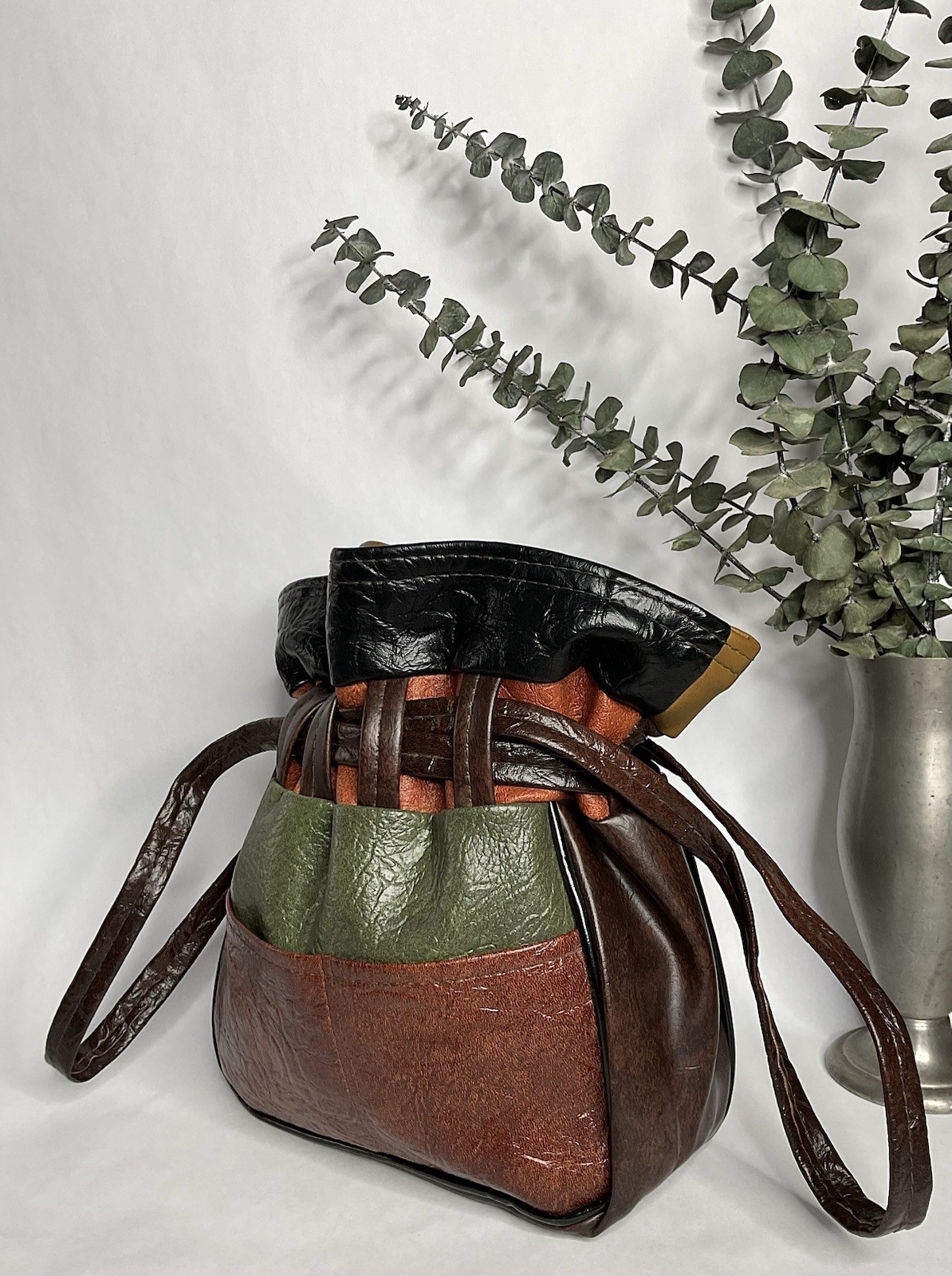 1960s 1970s Drawstring Patchwork Bucket Bag, Vint… - image 3