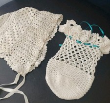 Vintage cream Hand crochet lace baby bonnet White Drawstring Purse