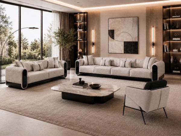4+3+1-Sitzer Sofa Set Beige Modern Textil Sofa Wohnlandschaft-image