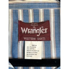 VTG 90s Wrangler Western Shirt XL 17-17.5 Blue Striped Pearl Snap Brushpopper