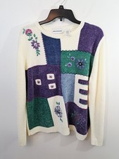 Alfred Dunner Women's Chenille Sweater White Purple Floral Embroidered Large EUC