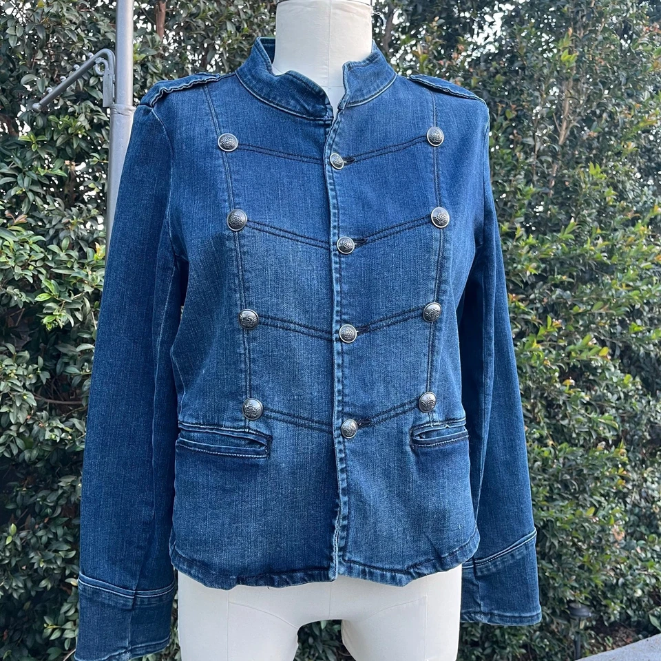 Chaqueta vaquera azul estilo militar de mezclilla elástica American Rag XL para mujer Foto 2 de 4
