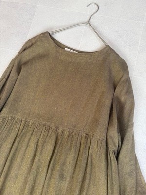 ICHI Antiquites Herringbone Linen Cotton Gathered Dress Olive Japan