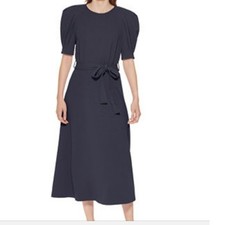 Calvin Klein Navy Blue Puff Sleeve Midi Dress with Belt Size 14 Mens