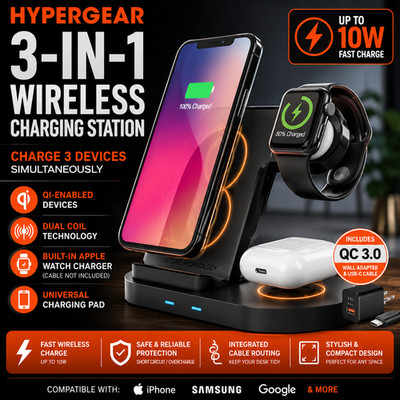 HyperGear 3-in-1 Wireless Charging Station - Phone Charger Stand 