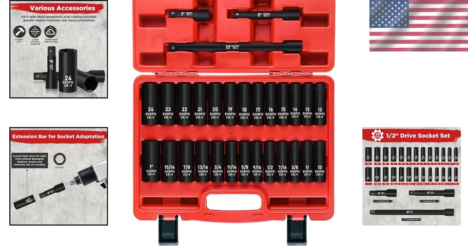 29-Piece 1/2" Chrome Vanadium Socket Set with Extension Bars - SAE & Metric - Image 2 of 4