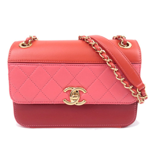 CHANEL Matelasse Double Chain Shoulder Bag Lambskin Pink Red Gold HDW Authentic