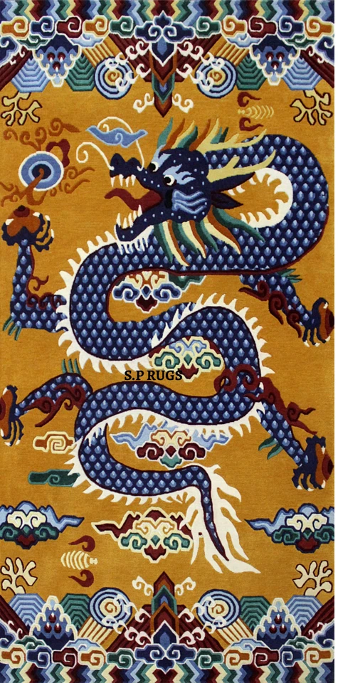 Alfombra Tibetana Tradicional Dragón 3x6 Vintage Anudada a Mano Vintage Lana Corredor Alfombras Foto 3 de 4