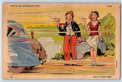 Humor Postcard Hitchhiking Couple This Is An Expensive Trip 1939 Vintage Posted